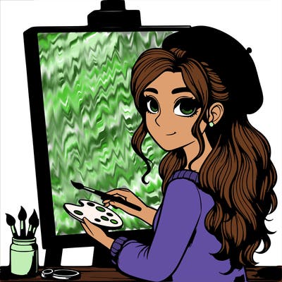 realistic girl artist painting a blank canvas
