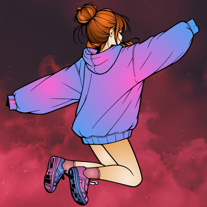 realistic girl jumping with a bun and oversized sweatshirt