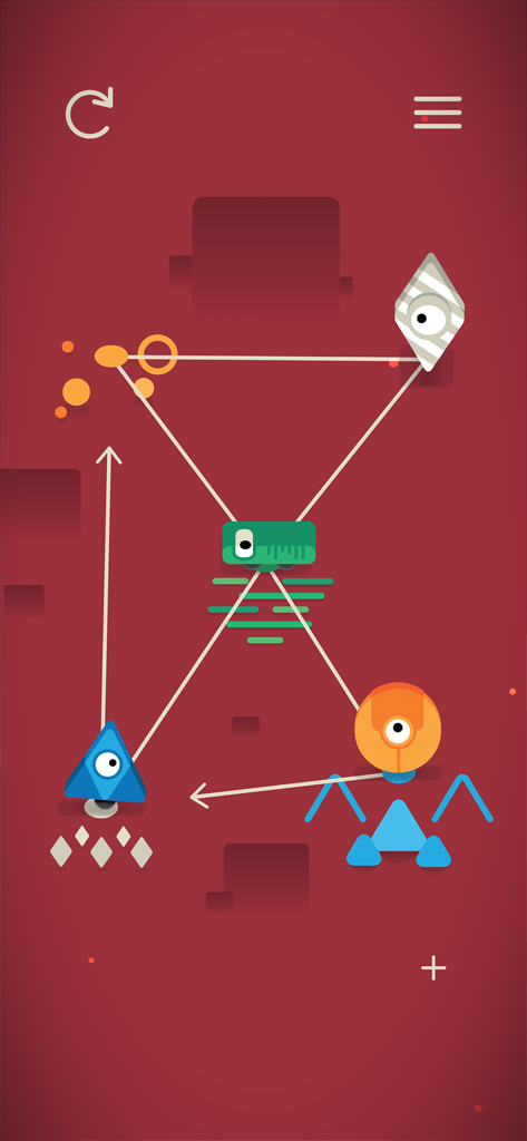 Sputnik Eyes - A minimalist puzzle level in Sputnik Eyes showing colorful robots on a network of paths against a deep red background.