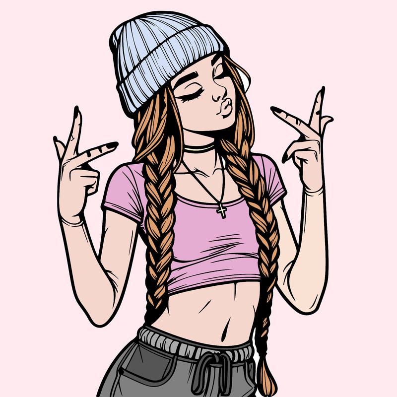 realistic teenage girl with braids and a beanie and crop top doing 🫶🏼