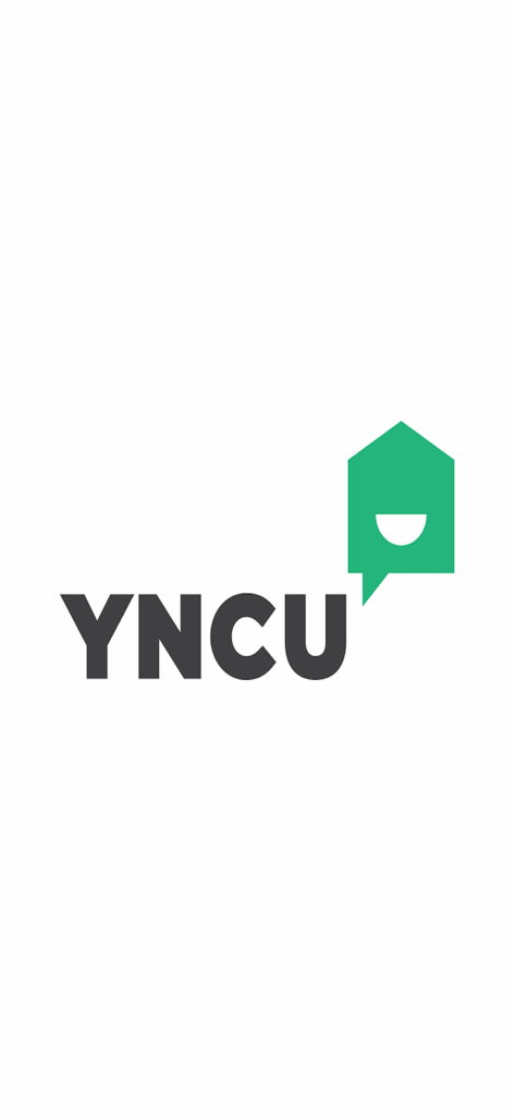 Logo do aplicativo YNCU Mobile Banking com um ícone verde em forma de casa e texto cinza sobre um fundo branco