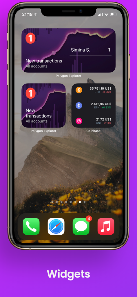 iPhone home screen showing Polygon Chain Explorer widgets for tracking new transactions