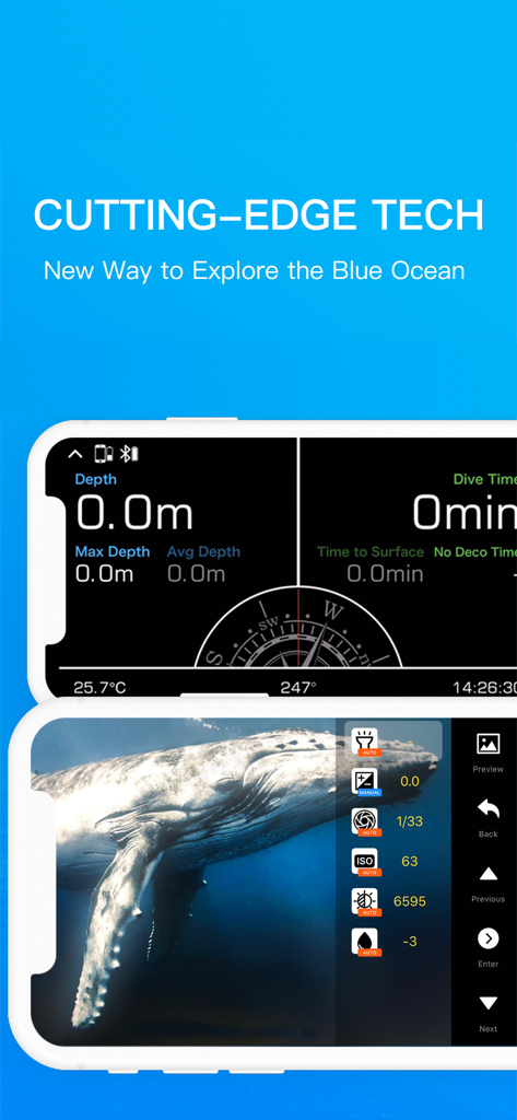 Dive+ app interface showing dive computer data and an underwater camera view of a whale