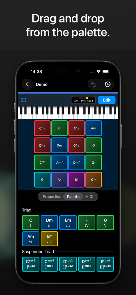 ChordPadX 2 - Interface of ChordPadX 2 showing a grid of colored chord pads and a palette for drag and drop customization.
