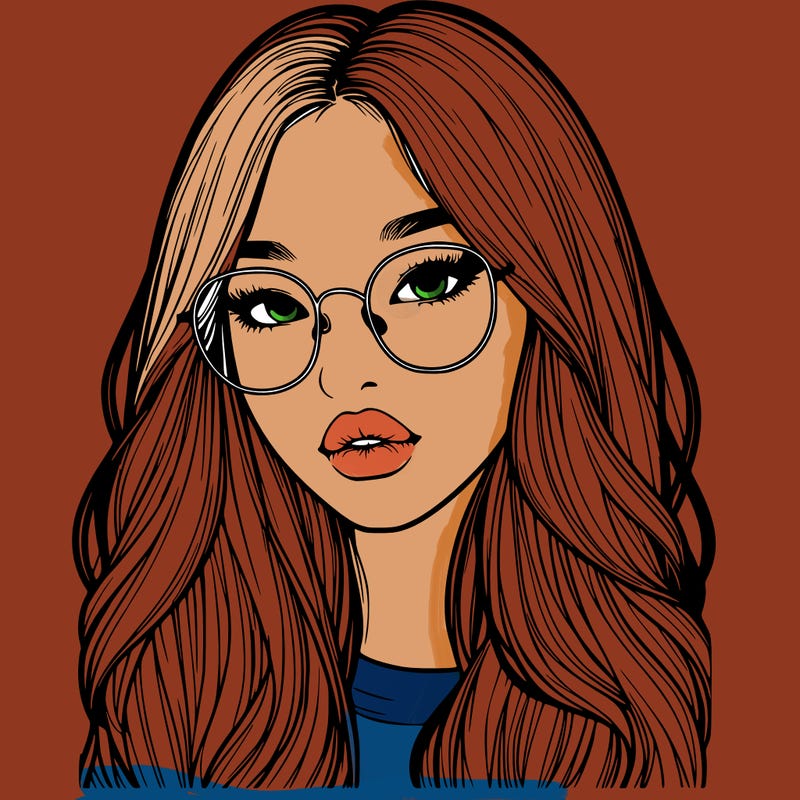 realistic korean girl with long hair, glasses and big lips