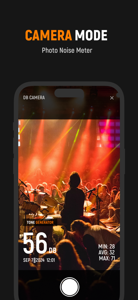 Frequency Sound Generator app camera mode displaying a real-time decibel meter and photo noise statistics.