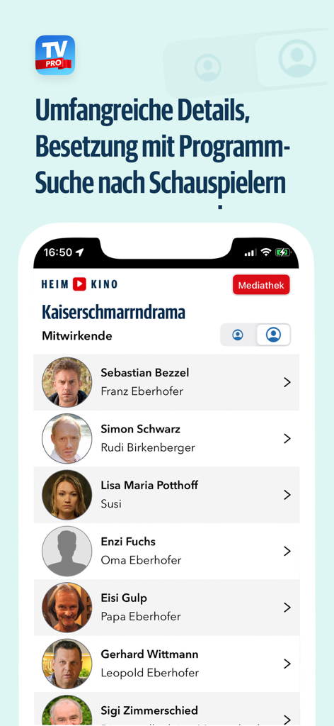 TV Pro TV-Programm + Mediathek - TV Pro app interface showing a detailed cast list for a television program with actor photos and names.