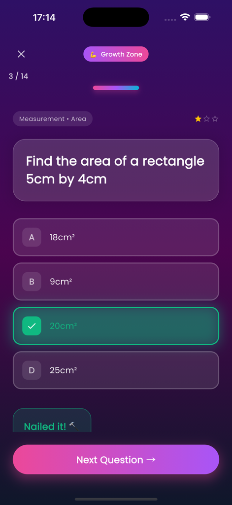 MathsVibes - MathsVibes App Bildschirm mit einer Geometrie-Quizfrage zur Berechnung der Fläche eines Rechtecks mit ausgewählter richtiger Antwort.