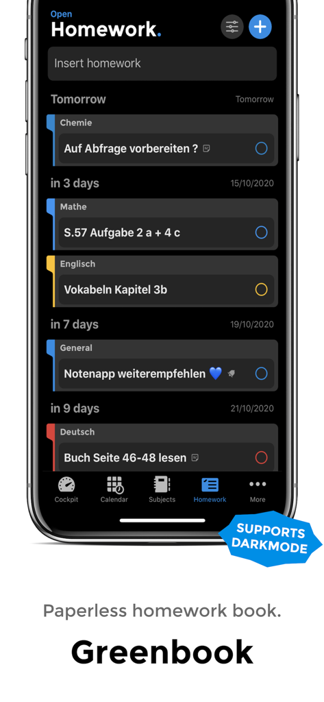 Notenapp - digital school tool - Tela digital de gerenciamento de deveres de casa no Notenapp mostrando uma lista de tarefas futuras em modo escuro