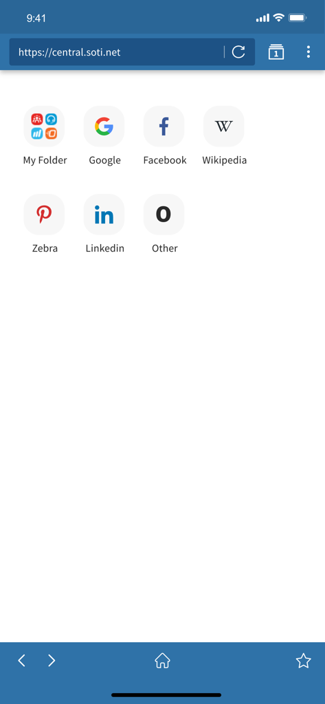 SOTI Surf - SOTI Surf mobile app home screen with predefined corporate website shortcuts