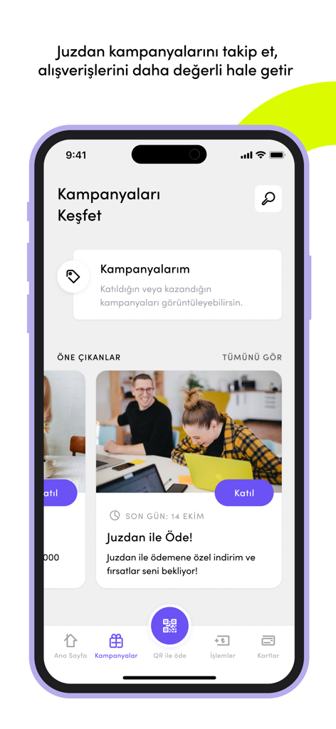 Juzdan - Interfaz de la aplicación móvil Juzdan mostrando campañas promocionales y ofertas de recompensas para titulares de tarjetas de crédito turcas.