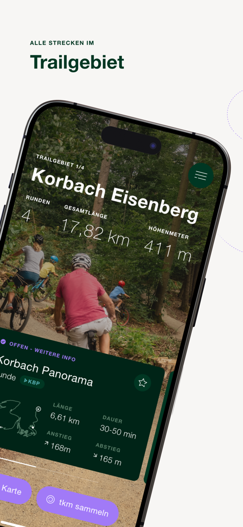 Green Trails - Green Trails App-Oberfläche, die Details zur Mountainbike-Route für den Korbach Eisenberg zeigt, einschließlich Länge und Höhe