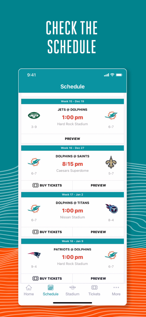 Miami Dolphins - Miami Dolphins official app game schedule screen showing upcoming matches with ticket buying options.