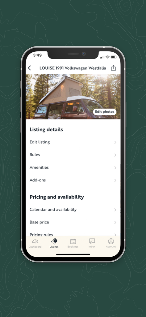 Écran d'application mobile pour la gestion des détails de l'annonce de VR, des prix et de la disponibilité d'un camping-car