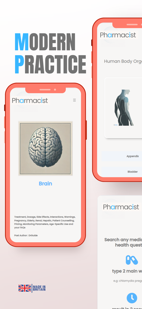 AI Pharmacist - AIファーマシストモバイルアプリのインターフェース。臨床医学参考ツールと解剖学的イラストが表示されています。