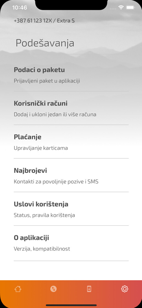 Moj BH Telecom - Settings screen of the Moj BH Telecom mobile application showing various menu options like account information and payments.