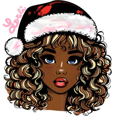 realistic girl with a santa hat curly hair and lips
