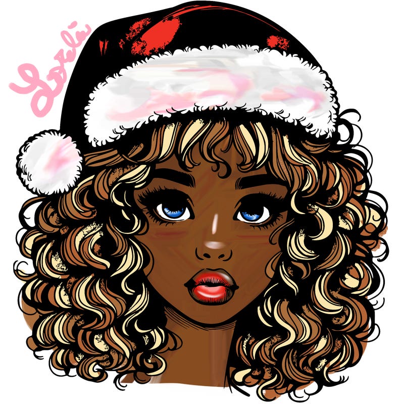 realistic girl with a santa hat curly hair and lips