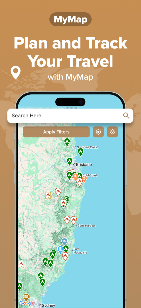 TerrainOne app MyMap feature showing a map with camping and hiking pins