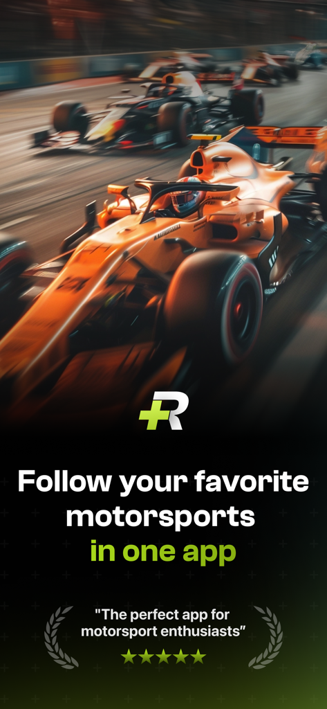 Raceboard - Racing Widgets - Raceboard app intro screen featuring racing cars and the tagline follow your favorite motorsports in one app