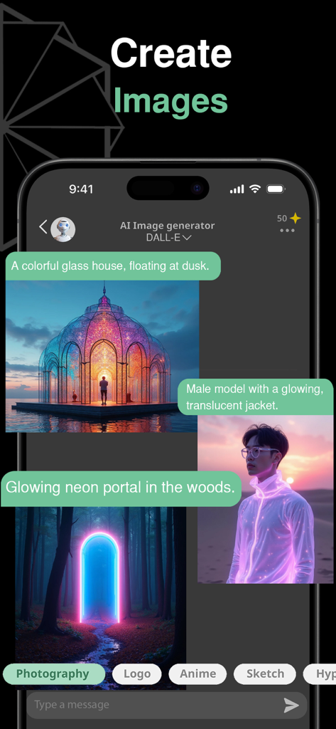 ChatAI - RAG & AI Agents - Interface móvel do ChatAI para criar imagens de IA a partir de prompts de texto usando DALL-E