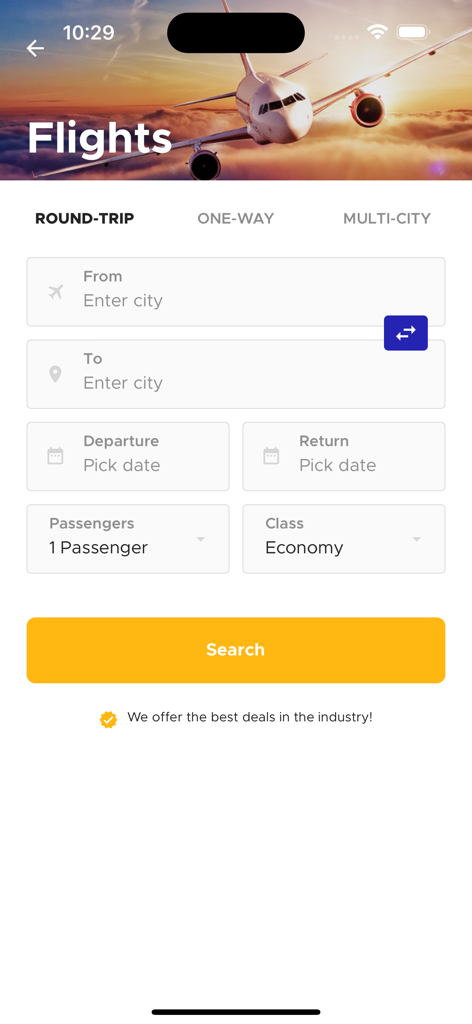 Travelbeta - Interface of the Travelbeta app showing flight search options for round trip travel.