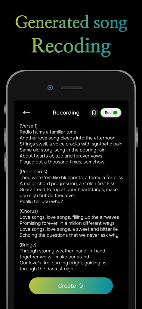 AI Lyrics & Song Generator - Aplicación generadora de canciones con IA que muestra letras generadas con un botón de grabación en una pantalla móvil