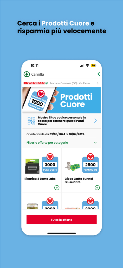 Despar Tribù - Schermata dell'app Despar Tribu che mostra prodotti alimentari che fanno guadagnare Punti Cuore per sconti fedeltà