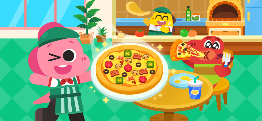 Un dinosaurio rosa con traje de chef presentando una pizza en una colorida escena de cocina.