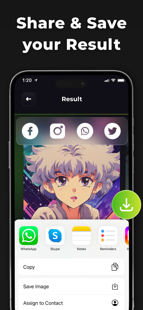 AI 사진 생성기 앱 인터페이스, 생성된 애니메이션 스타일 아트워크를 소셜 미디어에 공유하고 저장하는 옵션 표시