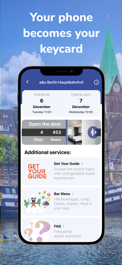 Schermata dell'app a&o Hostels che visualizza la chiave digitale e i dettagli della prenotazione per Berlino