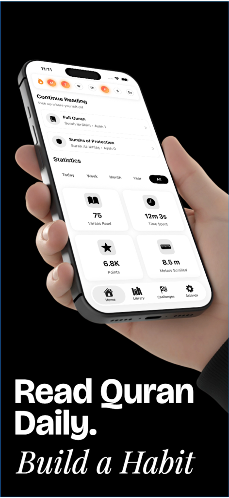 QuranScroll - iPhone screen displaying the QuranScroll app dashboard with reading statistics and habit tracking features