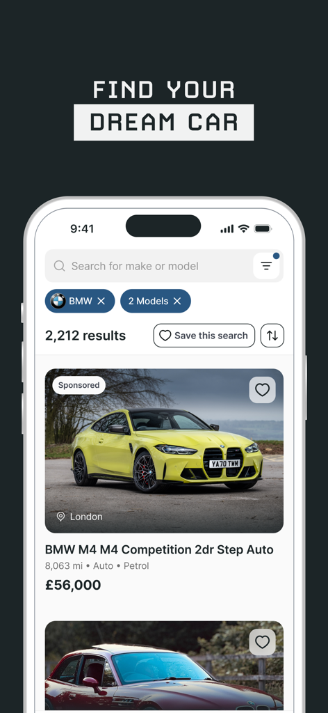 Mobile app interface of PistonHeads showing a search for BMW cars with a featured listing for a yellow BMW M4 Competition