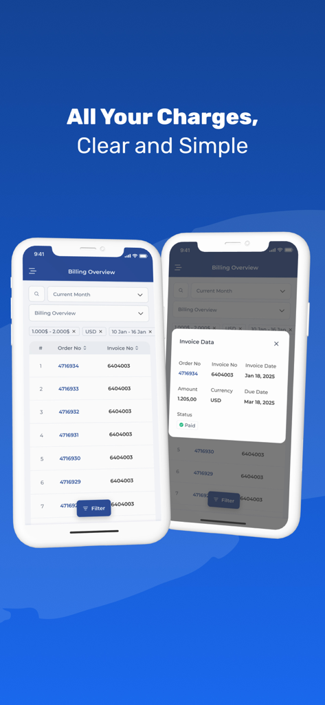 Alba Customer Portal - Benutzeroberfläche der Alba Kundenportal-App, die eine Abrechnungsübersicht und Rechnungdetails anzeigt