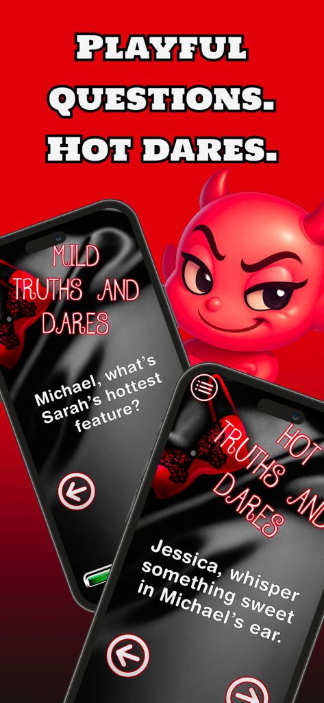 Screenshot der Sex-Spiele-App für Paare, der Wahrheit-und-Pflicht-Herausforderungen auf zwei Smartphones mit einer roten Teufelsillustration zeigt