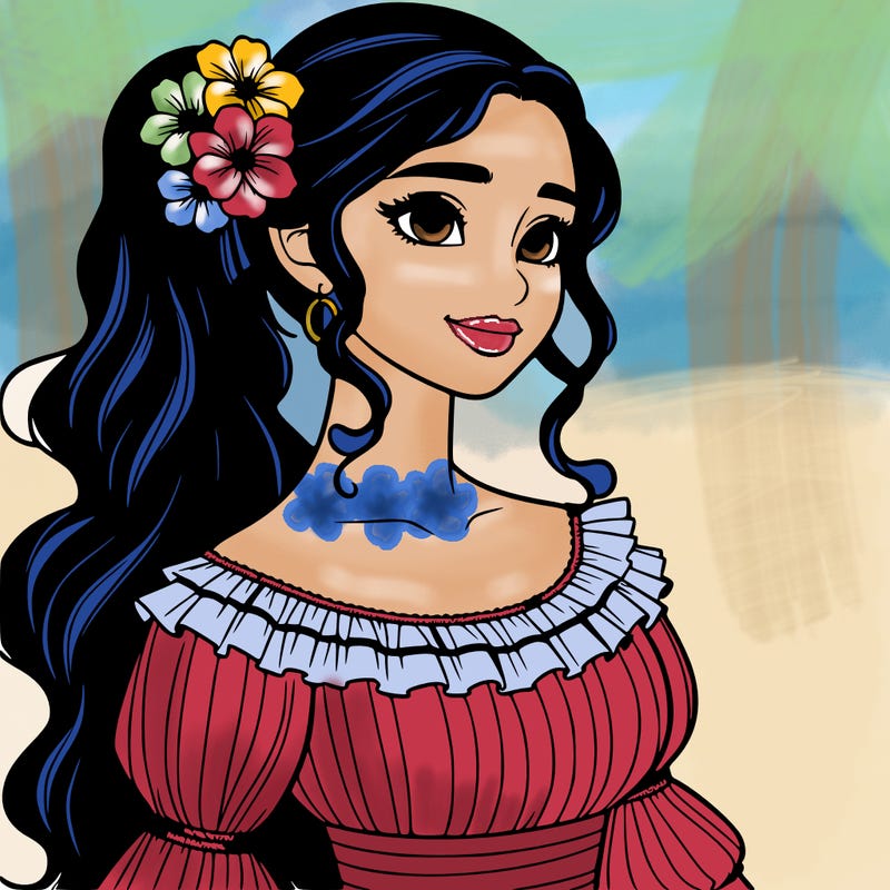 a single latina woman with a side ponytail and a long dress with ruffles. she has a few discreet flowers in her hair. realistic