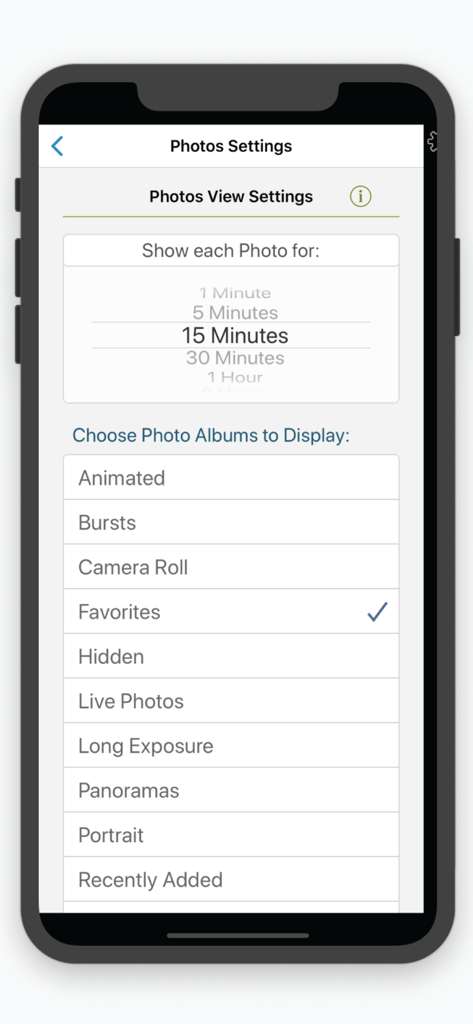 Clocke - Configurações de exibição de fotos do aplicativo Clocke mostrando seleção de álbum e duração da foto