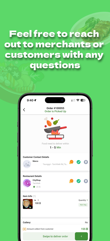 CityOrder: Rider - CityOrder rider app interface showing order status and contact information for merchants and customers.