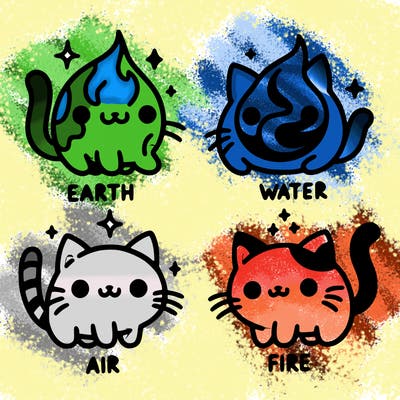 4 cats that represent the different elements, earth, water, air, and fire
