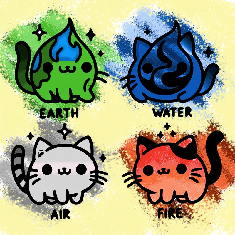 4 cats that represent the different elements, earth, water, air, and fire