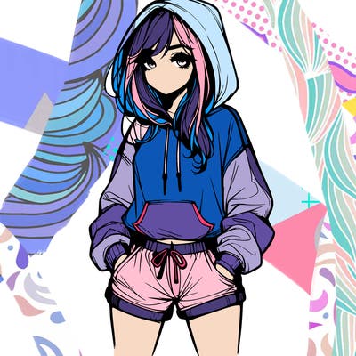 realistic girl in shorts and hoodie