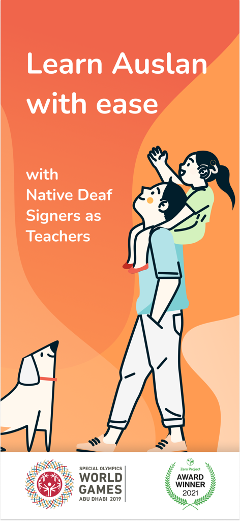Auslan Wiz - Sign Language - Una ilustración de un padre cargando a una niña con el texto 'Aprende Auslan con facilidad con señantes nativos sordos como profesores'