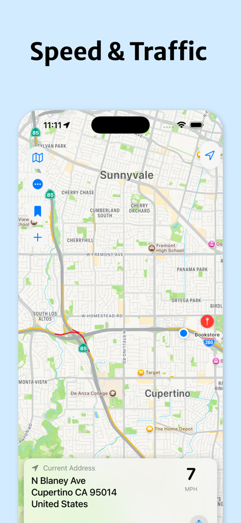Vista de mapa en Address Finder que muestra la dirección actual en Cupertino y monitoreo de velocidad en tiempo real.