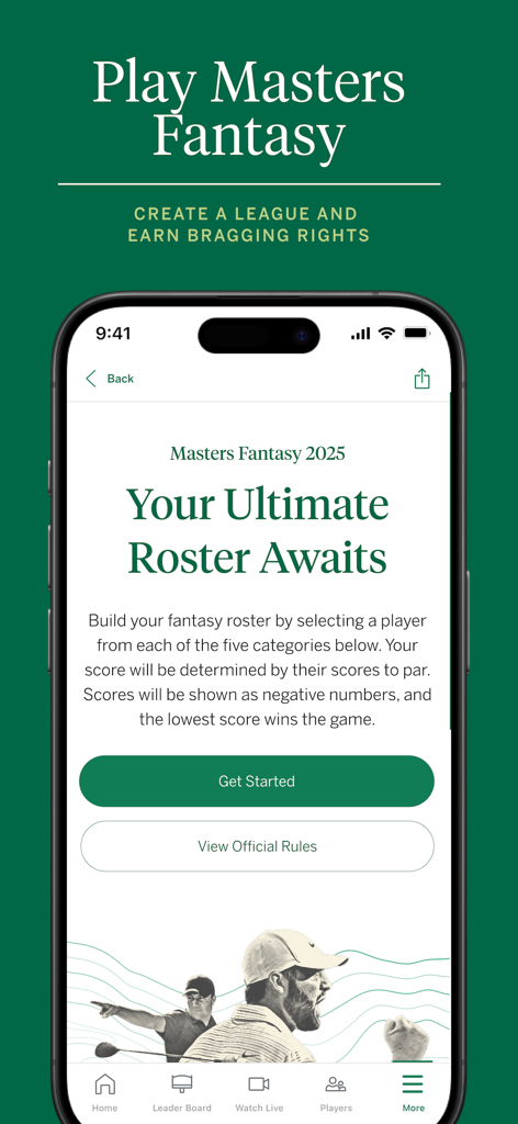 The Masters Tournament - La pantalla de golf de fantasía de la aplicación The Masters Tournament que muestra opciones para crear una liga y formar un equipo.