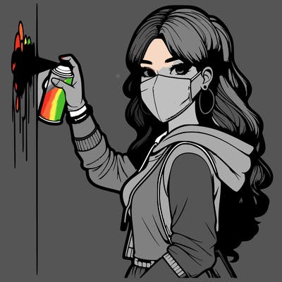 realistic girl with mask spray painting a wall