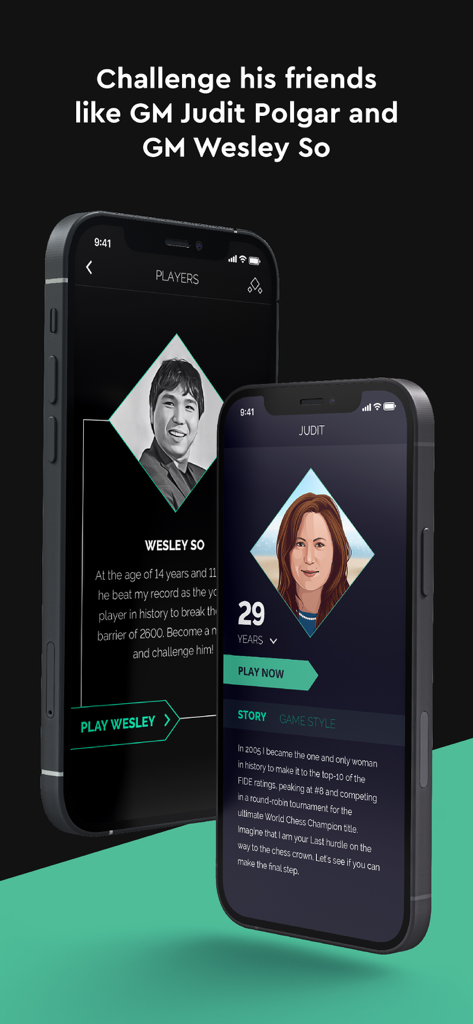 Play Magnus - Play Chess - Profiles of Grandmasters Judit Polgar and Wesley So on mobile devices in the Play Magnus app.