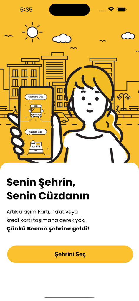 Ilustración de una mujer sosteniendo un smartphone con la aplicación Beemo mostrando funciones de pago en la ciudad