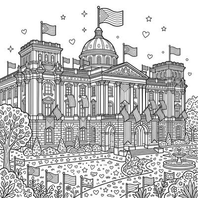 Dive into a celebration of love and diversity with this stunning Presidential Palace coloring page. Adorned with symbols of Pride, it offers an intricate and meaningful coloring experience.