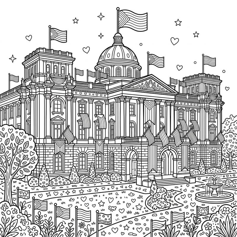 Dive into a celebration of love and diversity with this stunning Presidential Palace coloring page. Adorned with symbols of Pride, it offers an intricate and meaningful coloring experience.