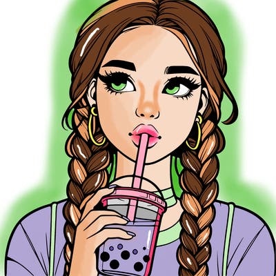 realistic girl with braided hair drinking boba
